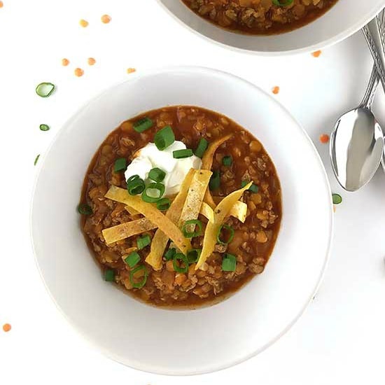 This Chicken and Red Lentil Chili is a tasty and healthy meal for dinner that will fill you right up!