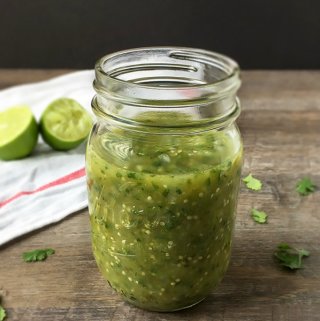 Roasted Tomatillo Salsa - Made with roasted tomatillos, onion, cilantro, jalapeño and lime. It makes a delicious and healthy dip for your favorite tortilla chips!