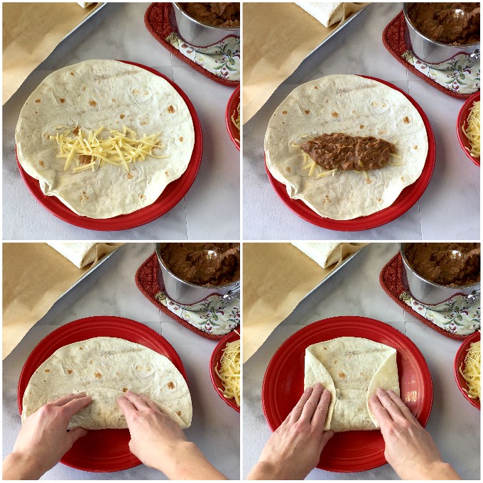 Bean and Cheese burrito cut in half on a plate with tortilla chips.
