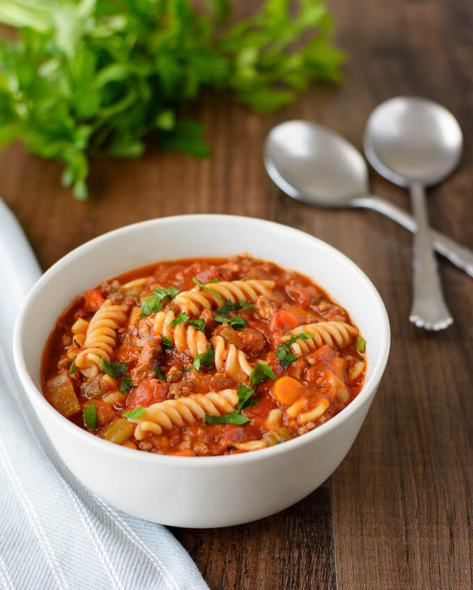 A bowl of Italian Sausage soup with pasta.