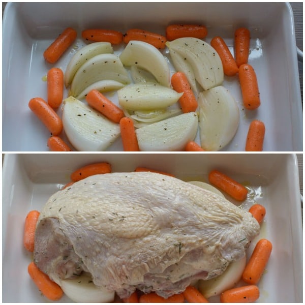 A photo collage of a baking dish with carrots, onions and uncooked turkey breast.